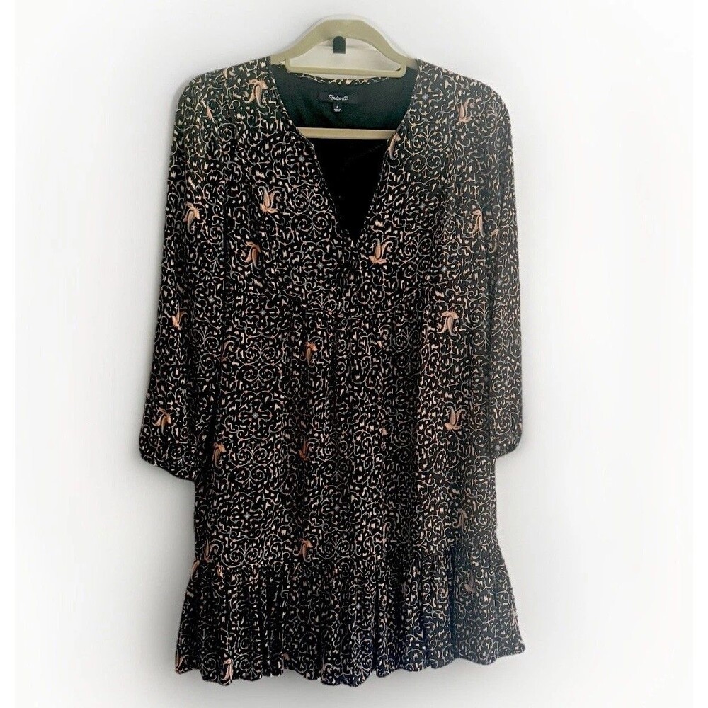 Madewell 100% Silk Sheath Dress Fiesta Paisley Long Sleeve Tiered Tie-Neck  0